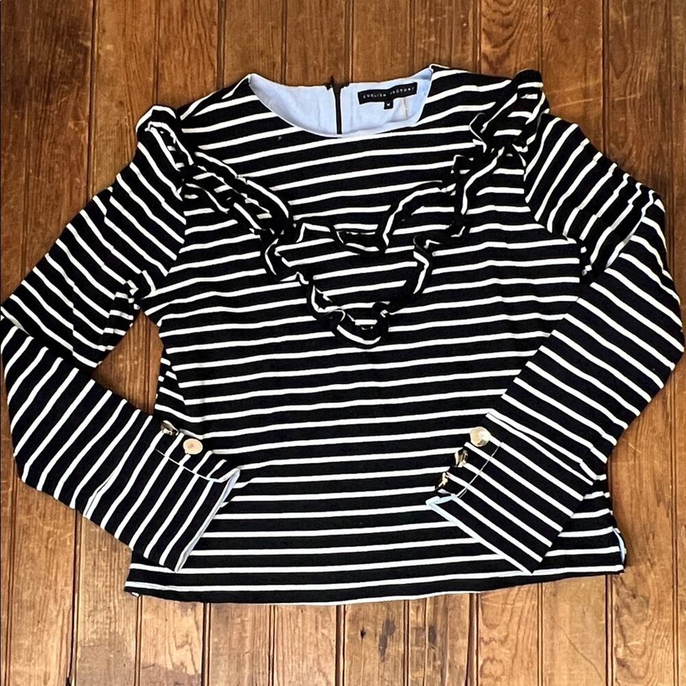 English Factory Top womens  feminine Black and White long sleeve Striped Ruffle